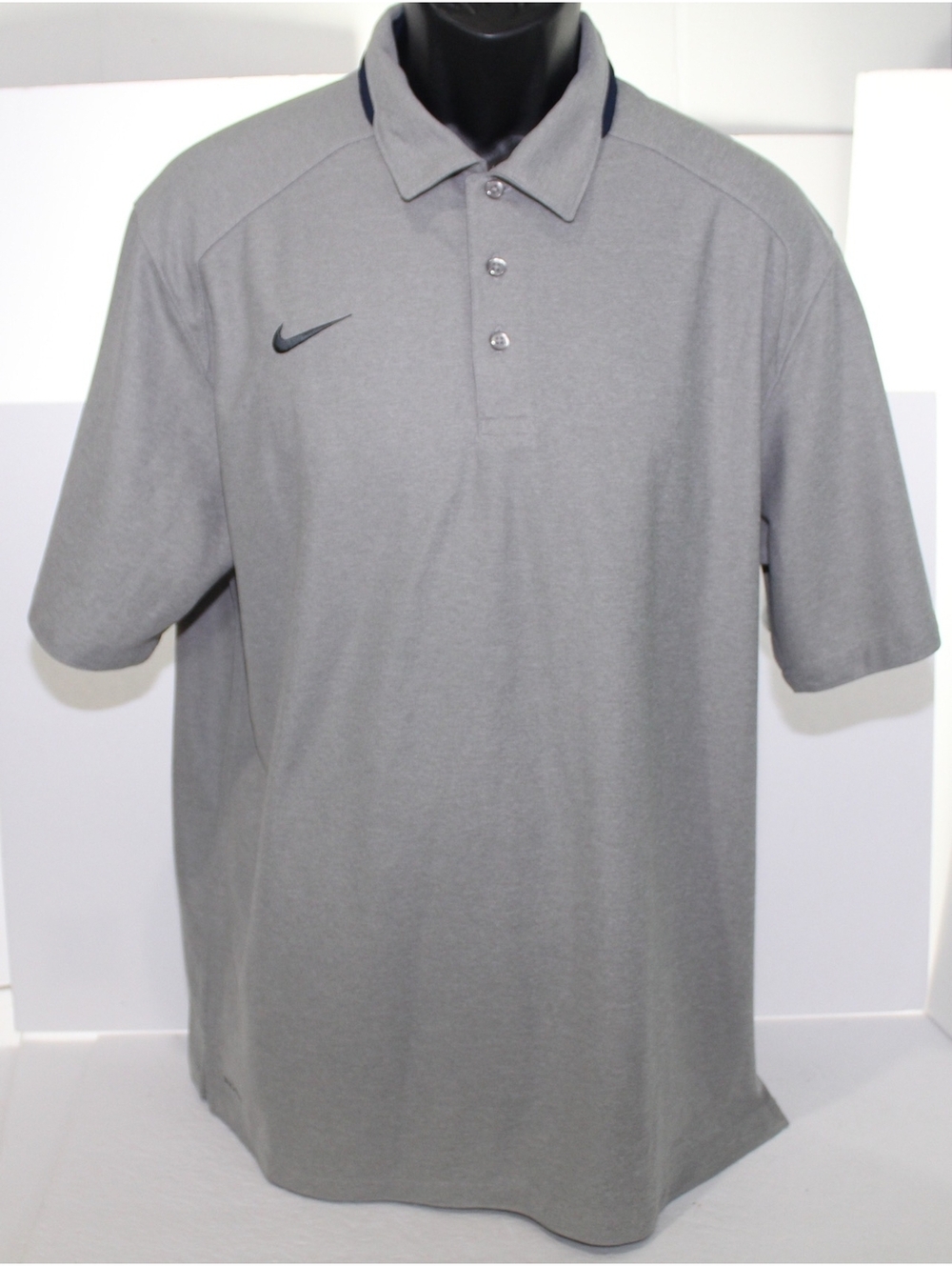 Nike Dri-Fit Mens Polo Shirt - Size Large - 100% Polyester - Gray w/ Navy Blue